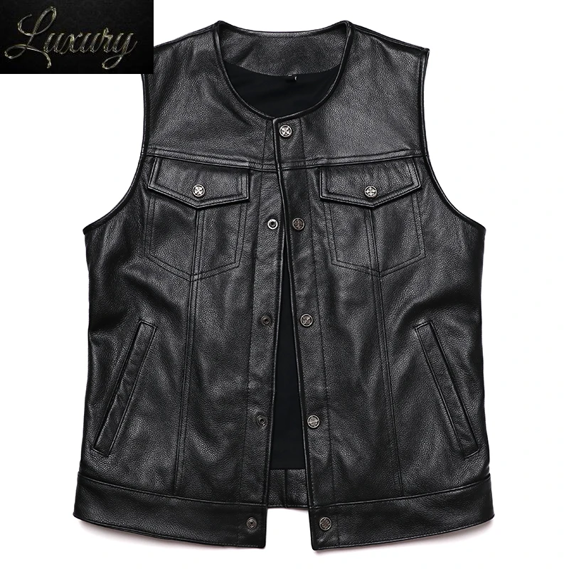 

Sons of Anarchy Classical Genuine Leather Vest Man 100% Cowhide Motorcycle Club Sleeveless Jacket Slim Biker Waistcoat