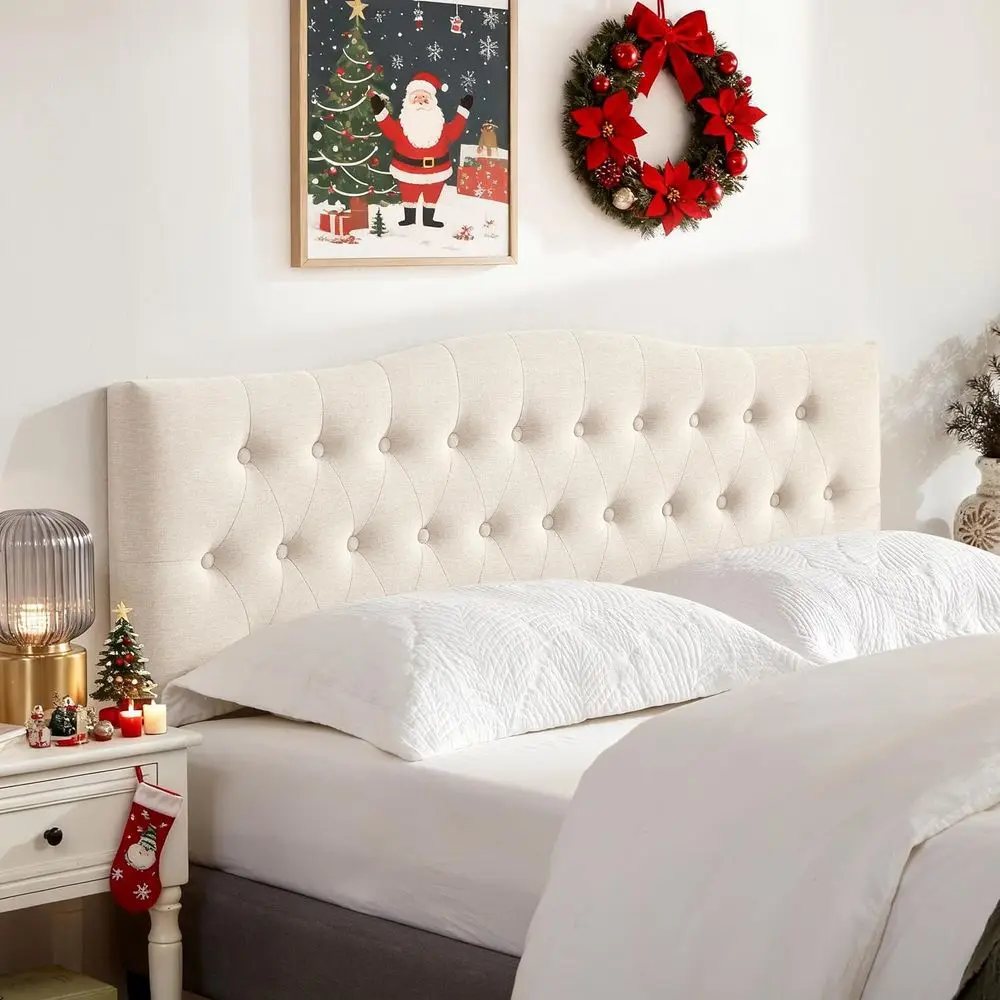 

Upholstered Twin Size Bed Frame with Sturdy Wood Construction, Adjustable Height from 37 to 51, Diamond Stitched Beige Fabric