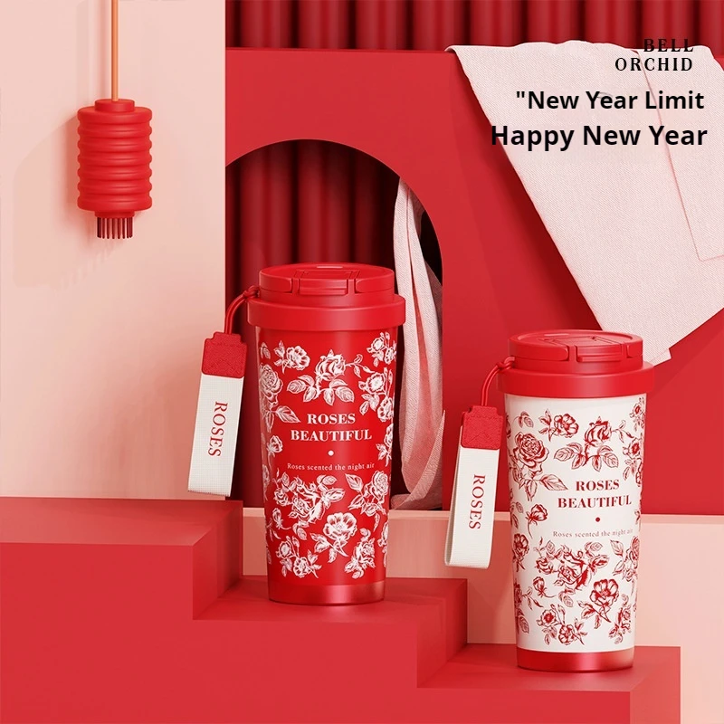 520ml 2024 New Chinese Feng Shui Cup Red Convenient Double Drinking Cup Large Vacuum Stainless Steel Insulated Cup Tea Barrier