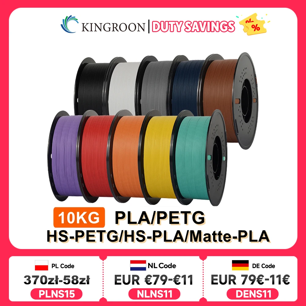 KINGROON 10 kg (22 lbs) PLA PETG HS-PLA HS-PETG Filament 1,75 mm Hochgeschwindigkeits-3D-Druckermaterial Matt PLA 1 kg * 10 Rolle Mixfarbe