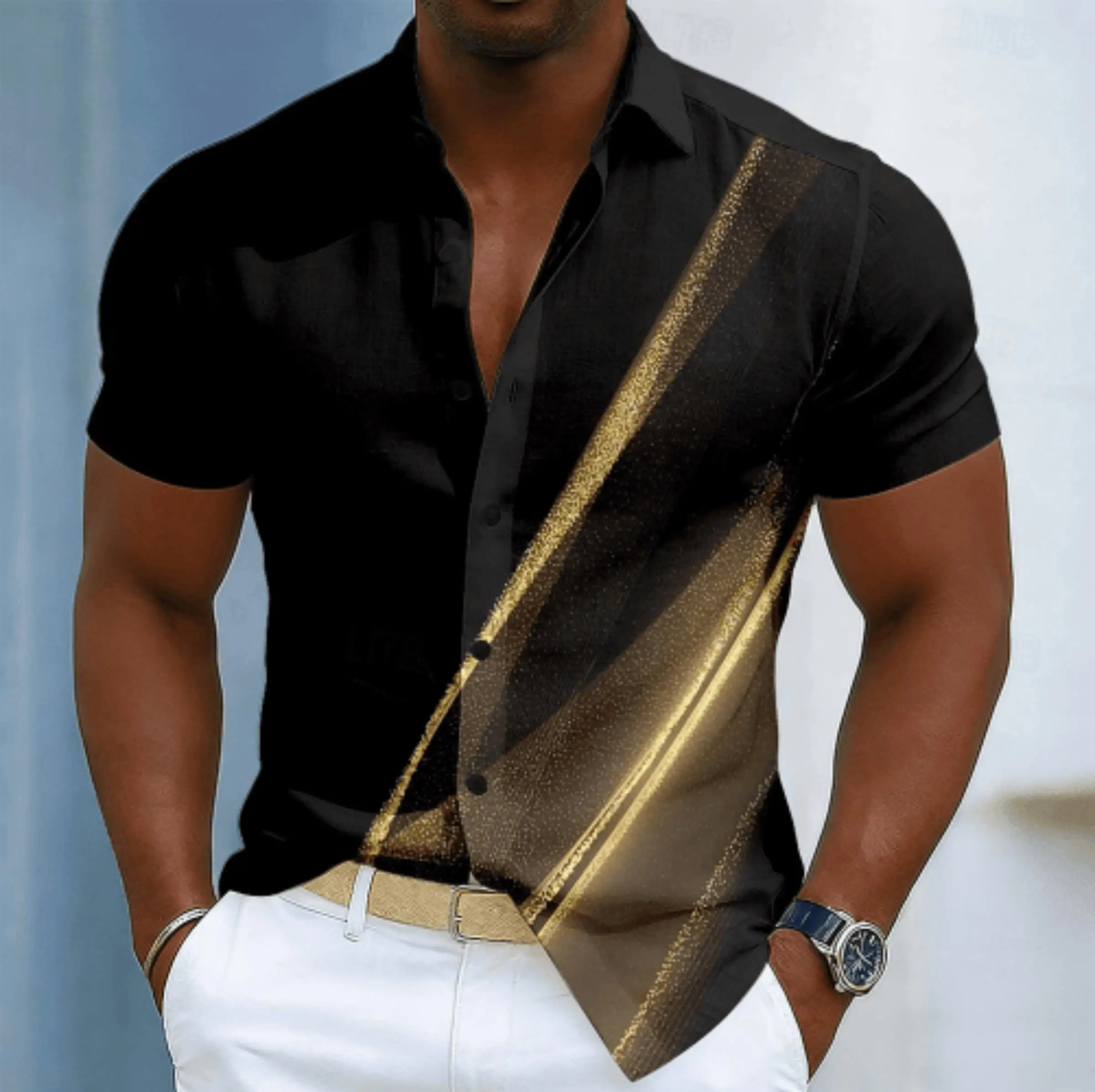 Men's Gradient Stripe Print Short Sleeve Shirt, Spring Summer Luxury Casual Party Blouse, Loose Casual Top