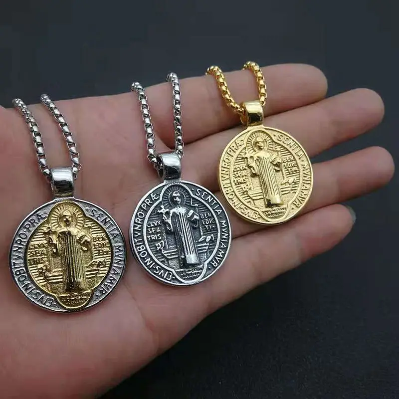 Stainless Steel Catholic Patron Saint St Benedict of Nursia Holy Medal Round Pendant Necklace for Men Jewelry Drop Shipping