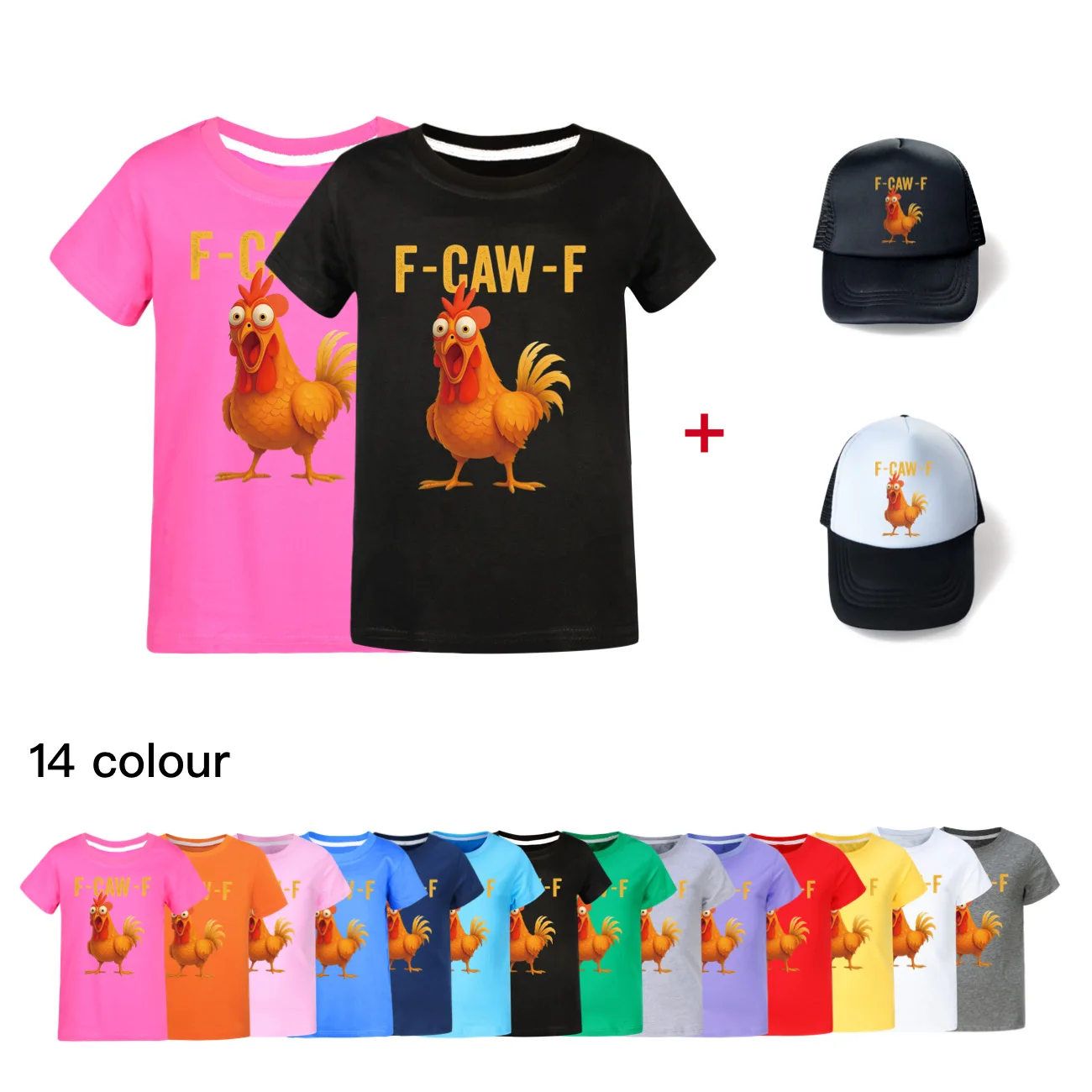 جديد F-Caw-F مضحك الدجاج الأطفال الصيف تي شيرت + القبعات للأطفال بلايز عادية في سن المراهقة الفتيان الفتيات قصيرة الأكمام Clothes5057