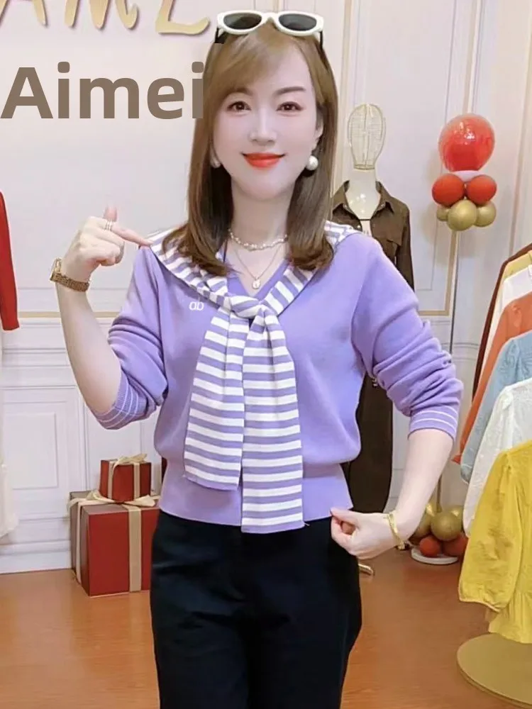 

Женский вязаный свитер с длинными рукавами и воротником-стойкой, повседневный, свободного кроя, средней плотности, дышащий, в полоску, с элементами пэчворка