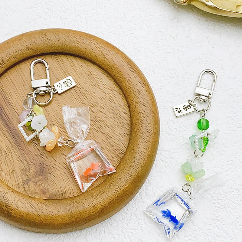 1PC 3D Transparent Bag Small Fish Bead Keychain DIY Decoration Girl Jewelry Ornaments Goldfish Keyrings Bag Pendant