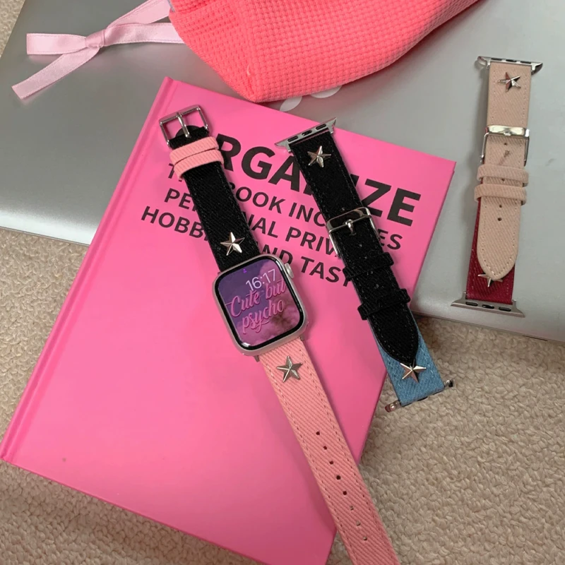 Корейский кожаный ремешок Y2k для Apple Watch, джинсовый браслет для девушек iWatch Series 9 8 7 6 5 SE 4 3, 41 мм 49 мм 45 мм 44 мм 40 мм