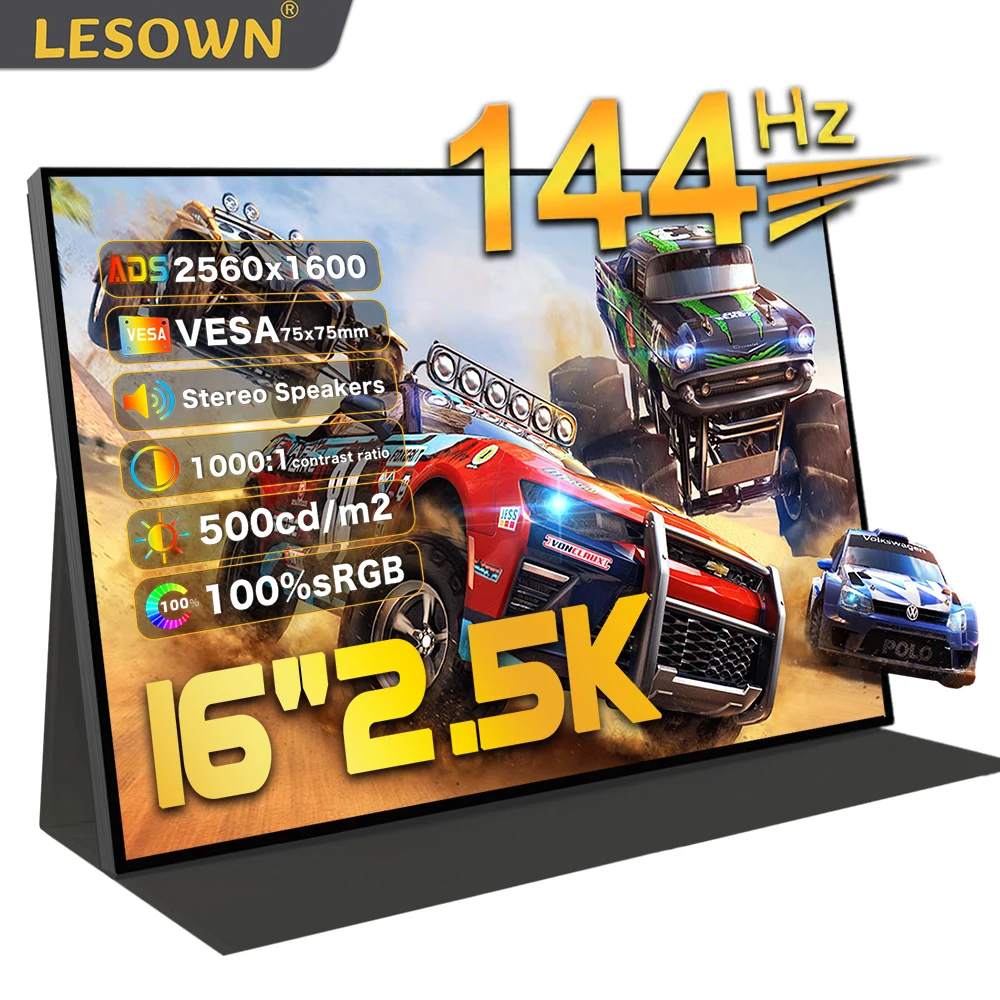 LESOWN 2.5K Monitor Portable 16 inch 144Hz Gamer Ultrawide USB C 10-Point Touch 2560x1600 External Display with Speakers for PC