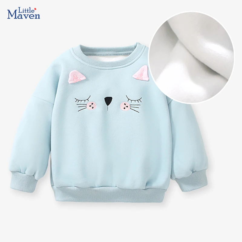 Little Maven Hoodies Winter Kids Children\'s Clothes Baby Girls Warm Fleece Outerwear Cats Sweatshirt Spring Autumn Tops