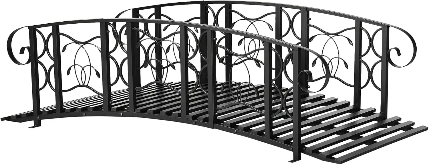 6 Ft Metal Arch Garden Bridge Decorative Backyard Footbridge Frame Safety Siderails Elegant Vine Motifs Outdoor Crossing Accent Walkway For Yard Pond Creek Patio Landscape Black