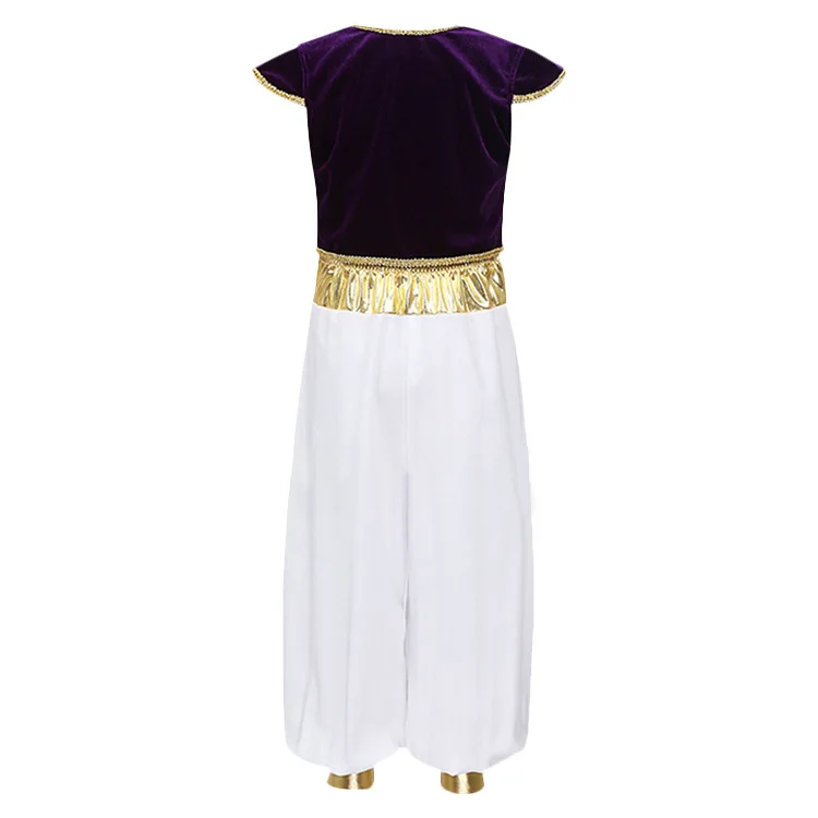 Arabian Prince Cosplay Costume, Purple Velvet Crop Top White Harem Pants, Halloween Carnival Party Fancy Dress Outfit