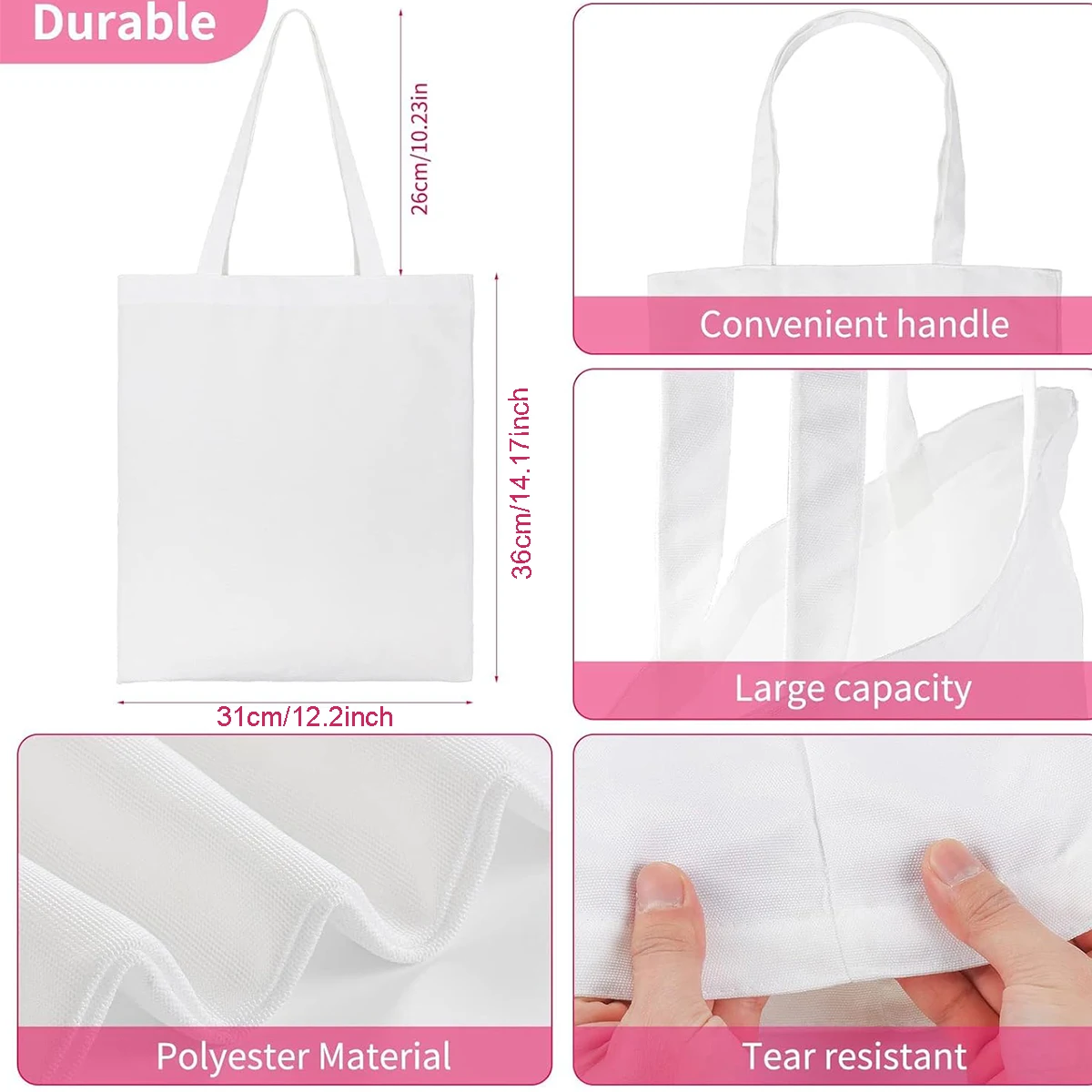 DIY White Sublimation Tote and Cosmetic Bag Pencil Case- Reusable Canvas Grocery Bag with Zippered Makeup Pouch