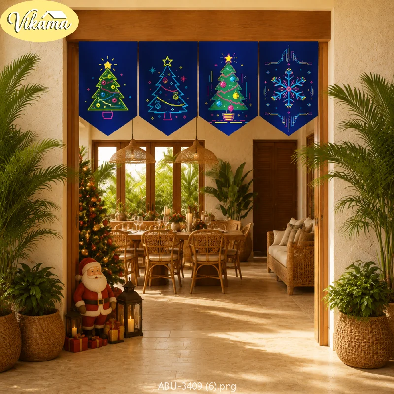 VIKAMA Christmas Geometric Tree Pennant Banner Ornament Ball Wreath Bell Mosaic Beige Red Blue Cafe Door Hanging Bedroom Living