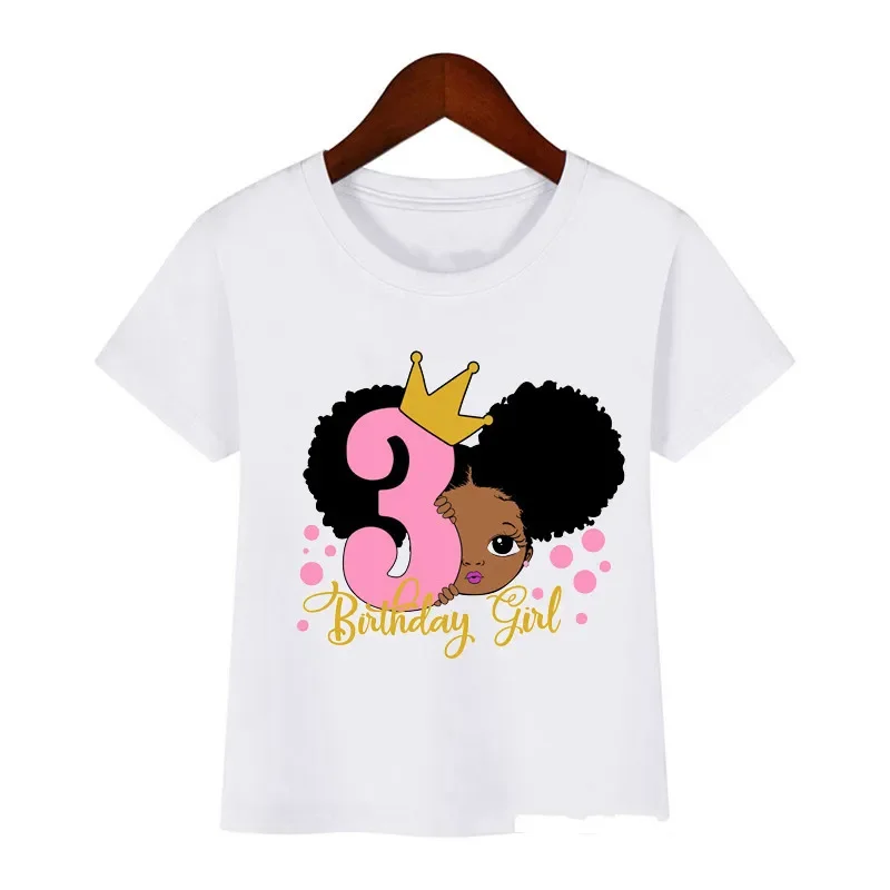 Cute little black melanin princess print girl t-shirt for birthday kids funny t shirts 1 2 3 4 5 6 7 8 year present custom name