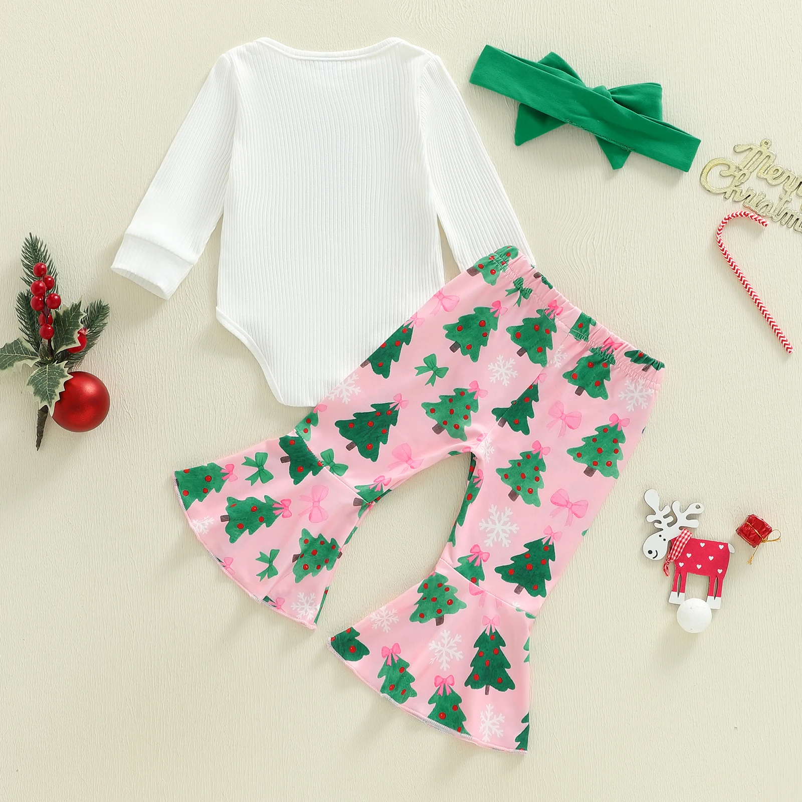 Tregren Infant Baby Girl First Christmas Outfits Long Sleeve Romper with Tree Pattern Flare Pants and Bow Headband 3 Pcs Set