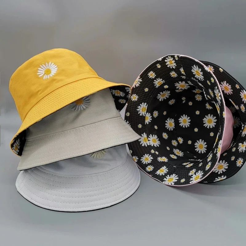 Daisy Embroidery Bucket Hats for Women Men Double-Sided Hip Hop Panama Caps Children Summer Fishing Streetwear Bob Fisherman Hat