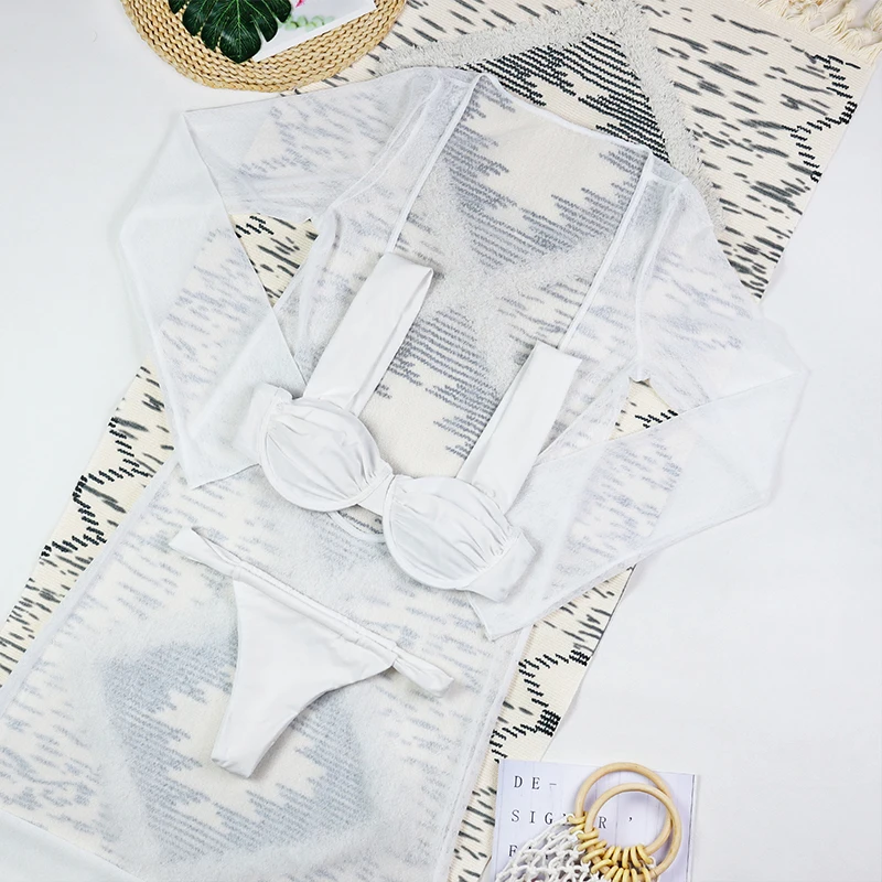 3-teiliges sexy Bikini-Set für Damen, 2025, neue Badebekleidung, langes Kleid, vertuscht, weibliche Strandmode, Badeanzug, Sommer-Schwimmoutfit