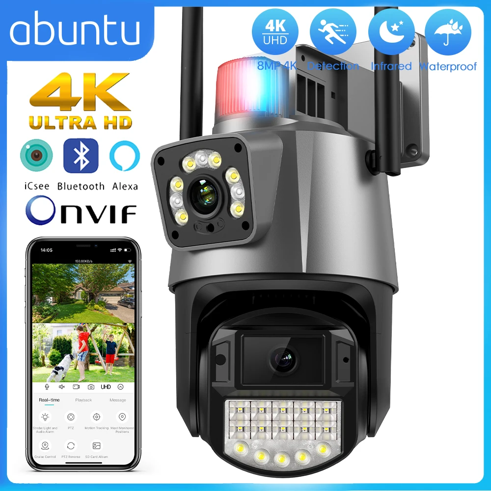 8MP 4K IP Camera Wifi Dual Lens Outdoor PTZ Street surveillance cameras Smart Home CCTV Night Vision Police Light Alarm ICSEE