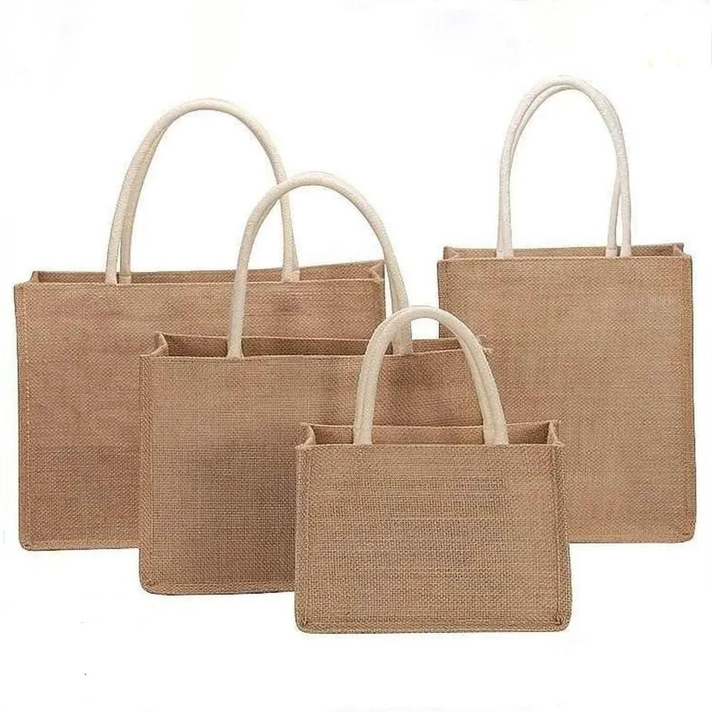 Fast Drop Shipping Burlap Tote Bags Blank Jute Beach  Eco Large Shopping Handbag Gift Bags With Handle Multiple Sizes Handbag