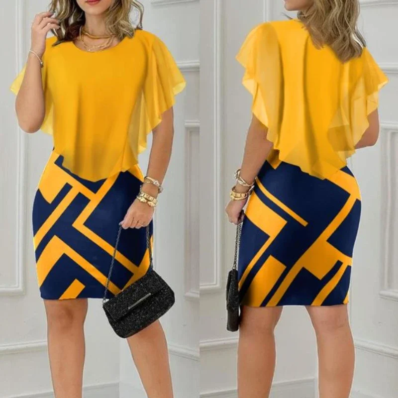 

2025 Summer Casual Short Sleeve Elegant Dresses for Women Geometric Print Ruffle Vintage Dress Hem Bodycon Skinny Mini Dress