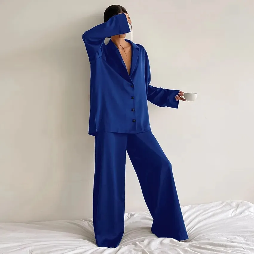 Spring Summer Women's Clothing Satin Pajamas Set Long Sleeve Pants Two Sleepwear For Polyester Thin Lightweight
