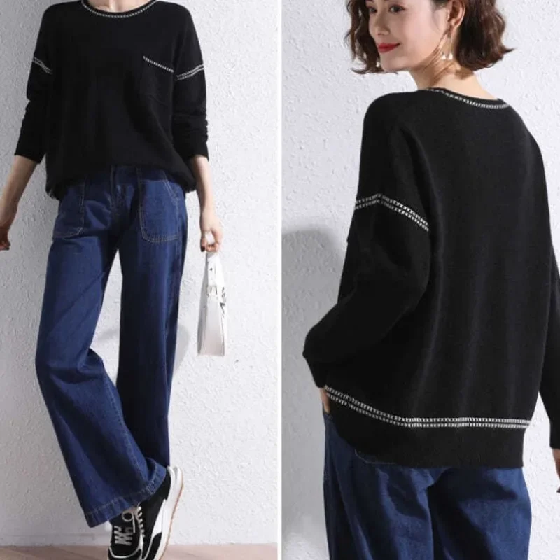 

Autumn and Winter Women's Pullover Loose Round Neck Long Sleeve Spliced Knitted Underlay Pockets Fashion Casual Formal Tops