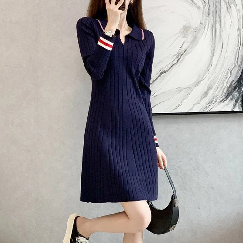 Korean Fashion Striped Patchwork Elegant Chic Knitted Dresses for Women Casual Polo Collar Long Sleeve Slim Mini Dress Vestidos