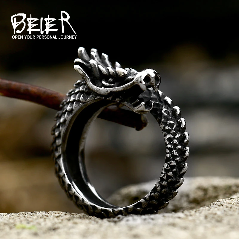 Beier New Fashion Stainless Steel Viking Dragon Head Dragon Scale Deatailed High Quality Ring For Men Creative Design Jewelry