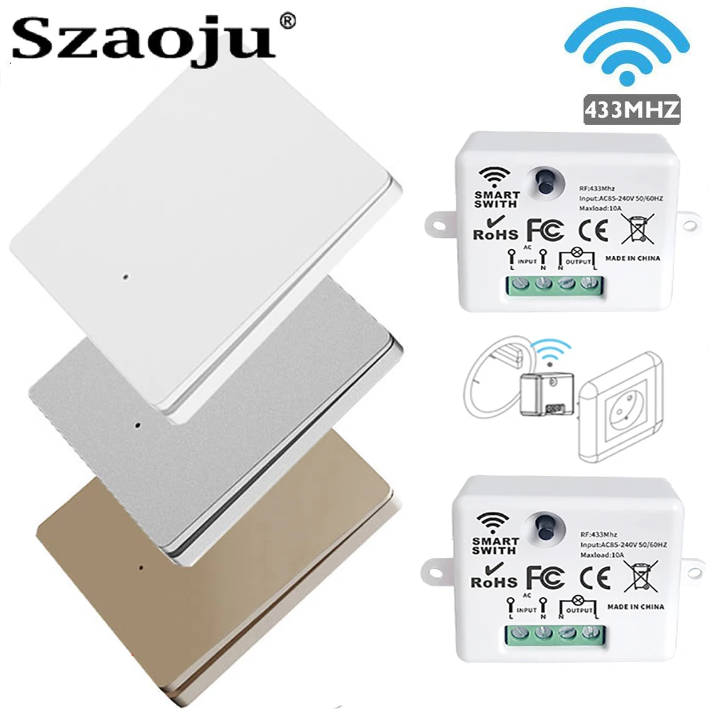 Szaoju 433Mhz wireless Wall Switch rf 86 wall panel transmitter Safety Switch and AC 110V 220V relay interruptor for Light Lamp