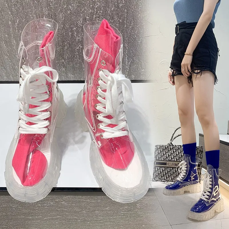 

Transparent Platform Boots 2025 New Fashion Women Waterproof Ankle Boots Feminine Clear Heel Short Boots Sexy Female Rain Shoes