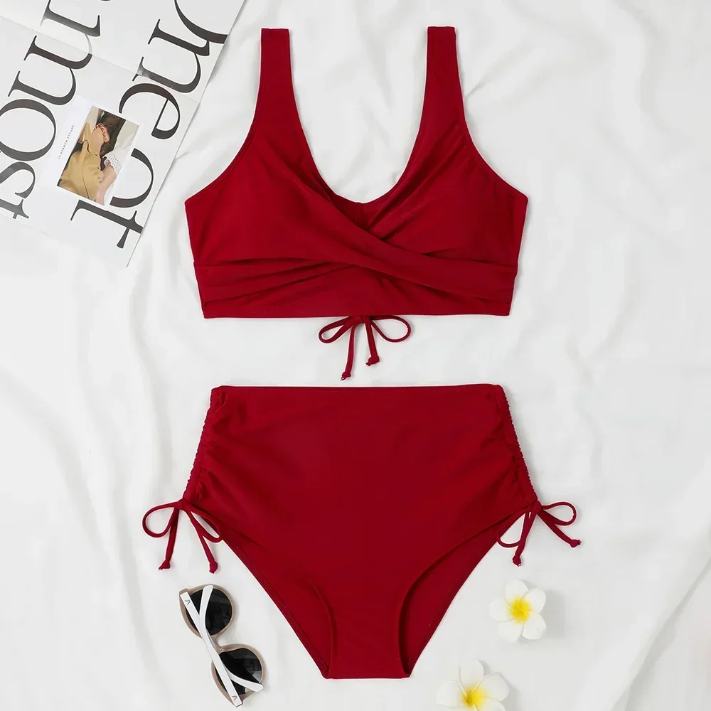 Однотонный комплект бикини с высокой талией, сексуальный купальник с пуш-ап и перекрестной повязкой, купальный костюм Biquine Brasileiro, пляжный отдых, купальник больших размеров