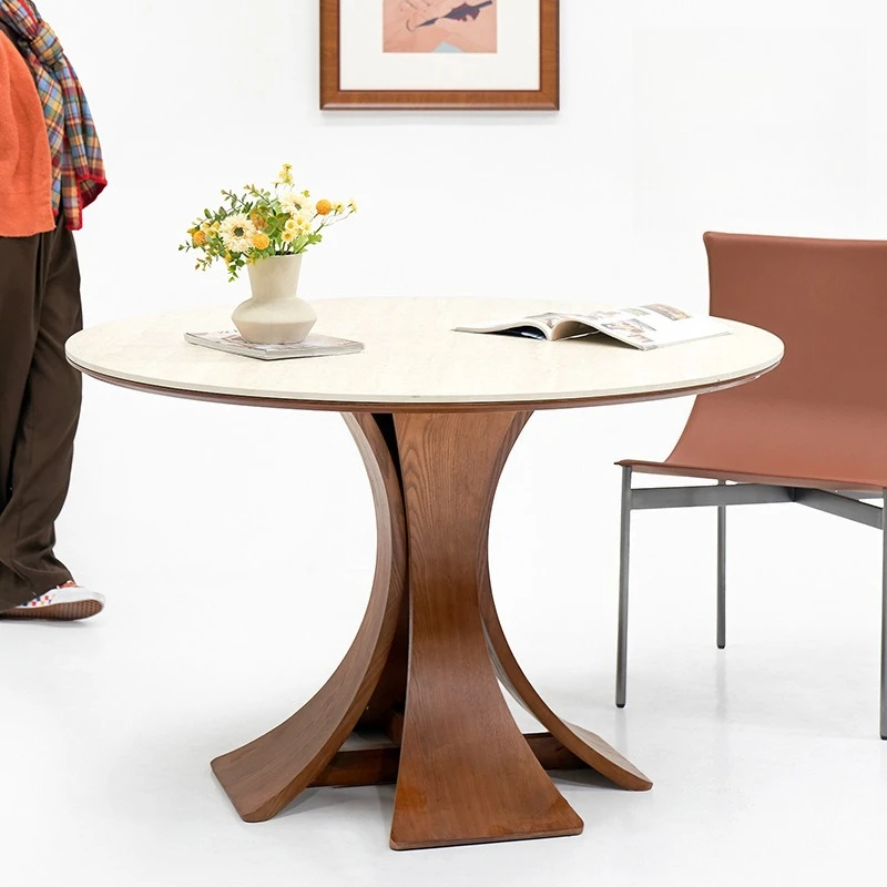 

Средневековый круглый стол из массива дерева с каменной столешницей из травертина, современный французский простой обеденный стол для небольшой квартиры.