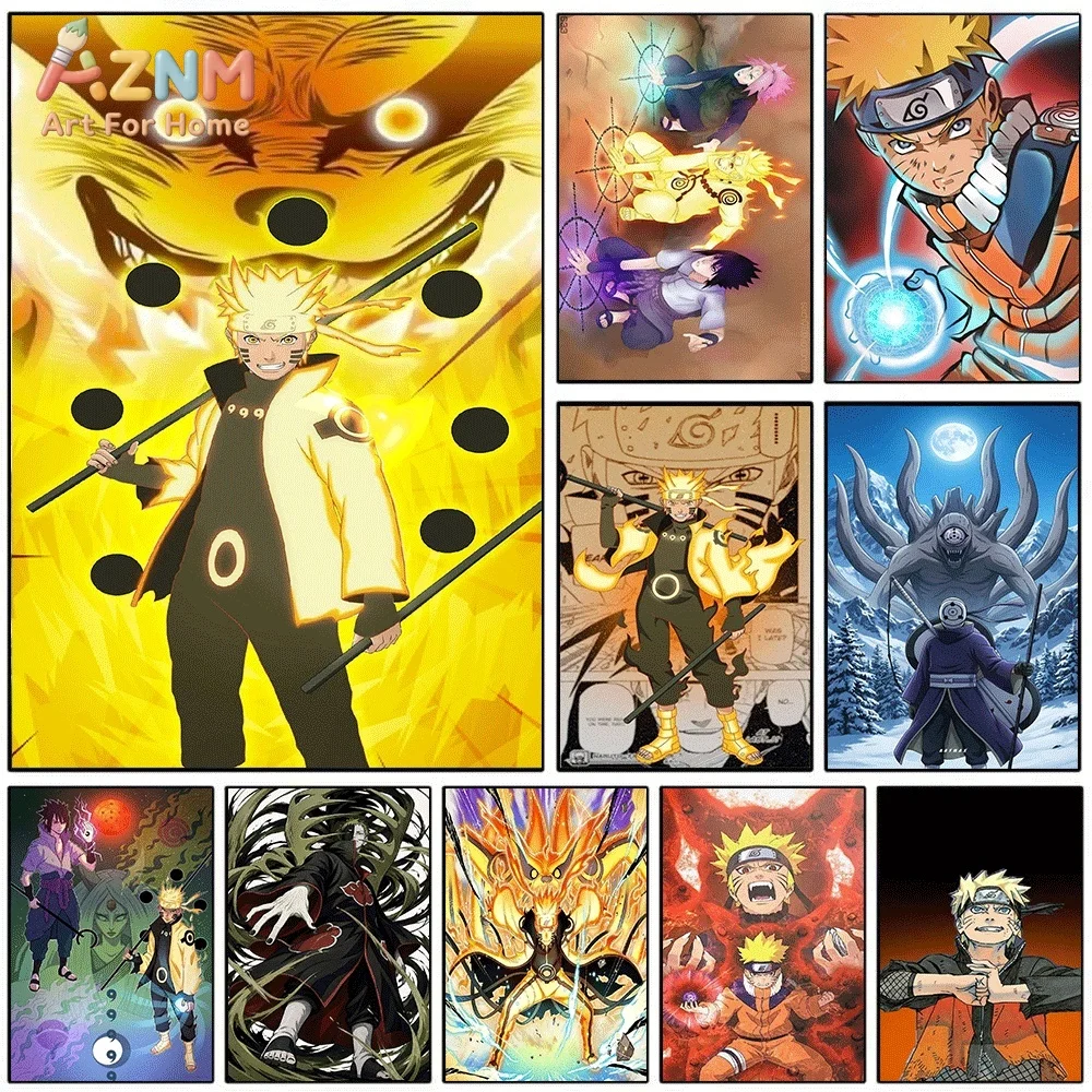 AZNM Naruto Uzumaki Six Paths Mode Golden Glow Canvas Wall Print, Japanese Anime Nine‑Tailed Fox Power Dynamic Character