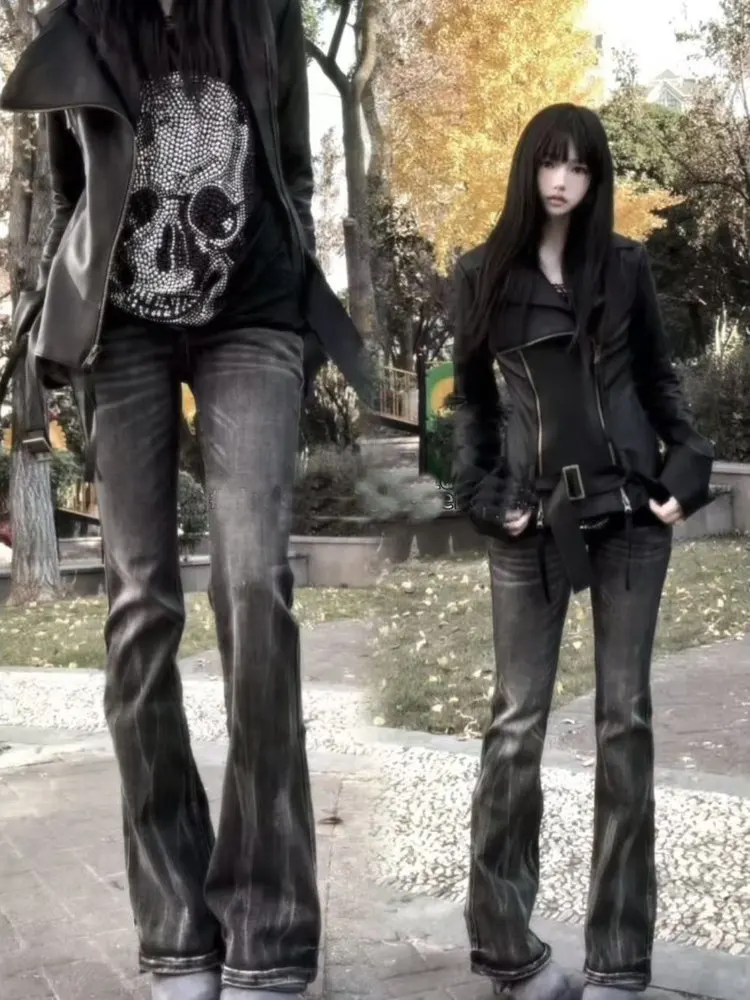 레트로 아메리칸 디자인 번개 패턴 데님 팬츠 여성용 가을 겨울 신상 슬레 INS 핸드메이드 루즈 마이크로 플레어 팬츠