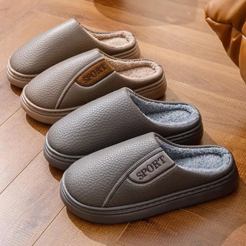 Winter Men Slippers Fluffy Warm Fleece Lined Non Slip Thick Sole Waterproof PU Home House Slippers Indoor Extra Large Big Size