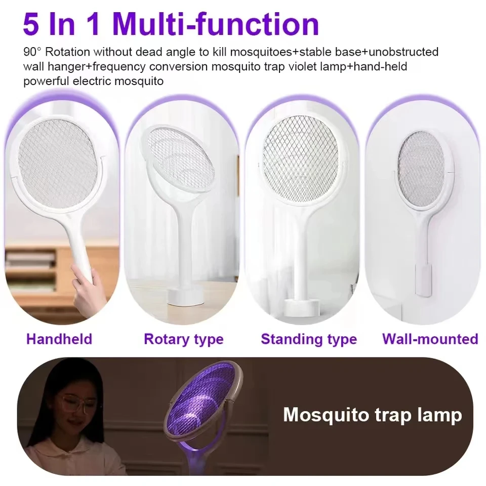 5 IN 1 Electric Mosquito Racket Swatter 3500V USB Rechargeable Mosquito Killer Lamp Racket Adjustable Bug Zapper Fly Bat