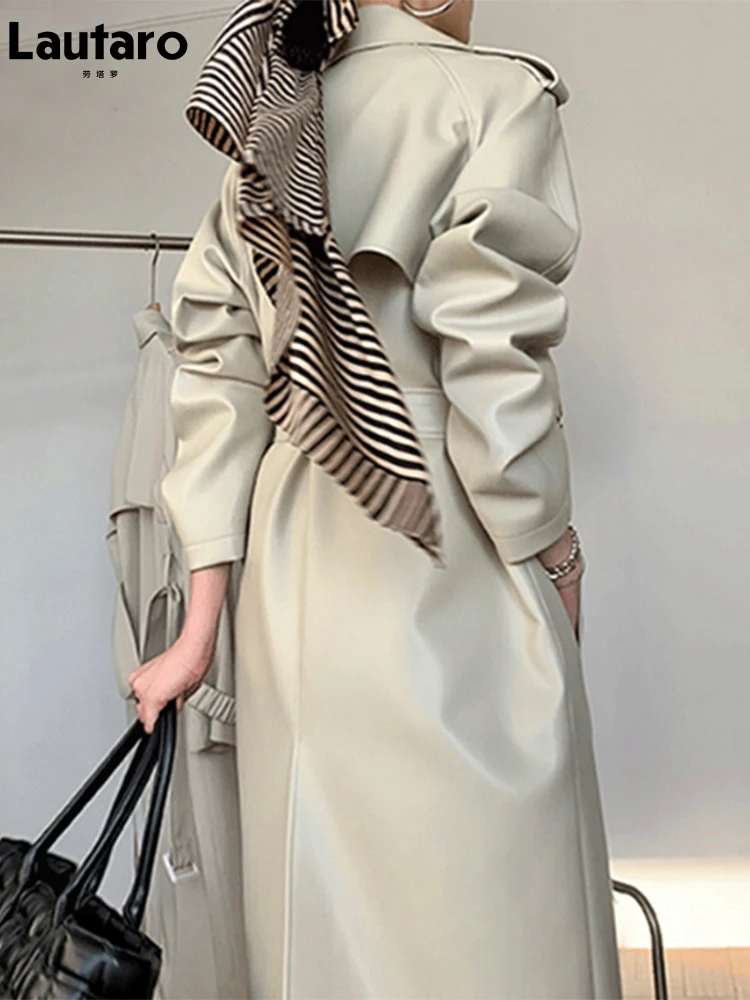 Lautaro-Long Faux Leather Trench Coat for Women, Belt, Double Breasted, Luxury, Elegant, Fashion, Spring, Autumn, 2022