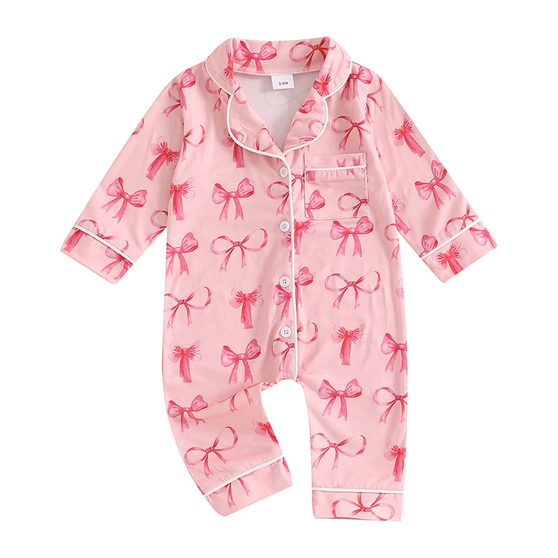 Baby Girl Fall Sleepwear Romper Bow Strawberry Print Button Down Long Sleeve Lapel Full Length Jumpsuit