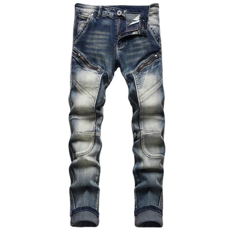 

2025 Spring Autumn New Fashion Men's Skinny Spliced Casual Trendy Vintage Washed Blue Denim Trousers Male Jeans Pants Streetwear