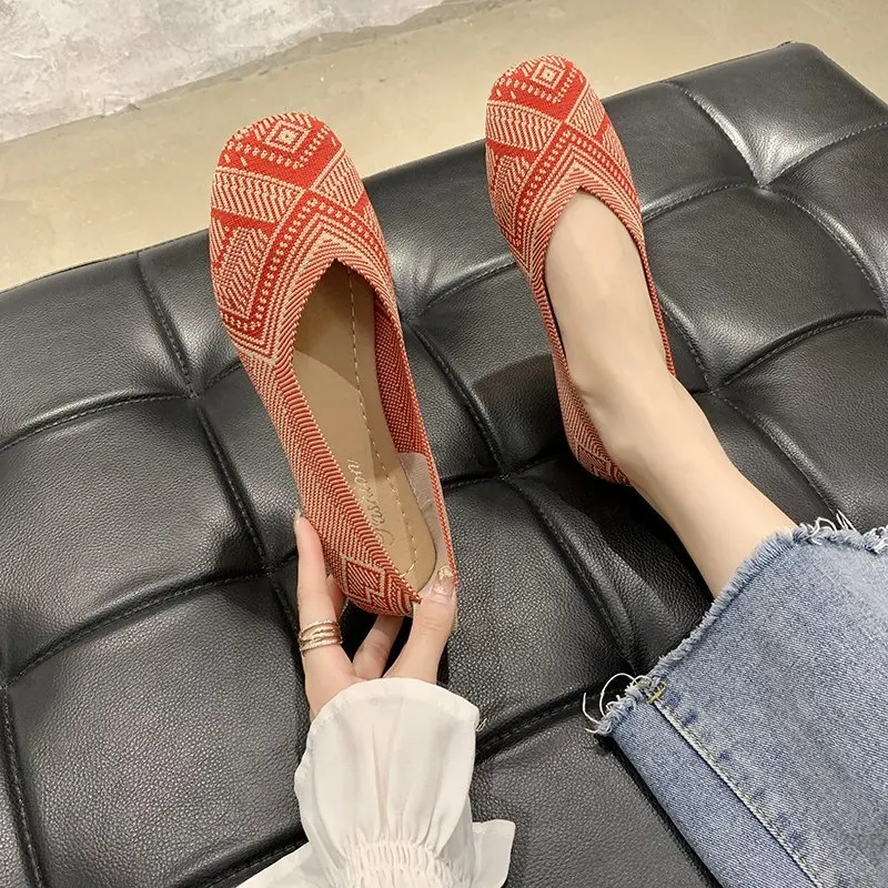 2024 Plus Size Spring New Ballet Flats Women Square Toe Knit Fabric Loafers Breathable Flat Heel Drive Shoes Driving Sneaker