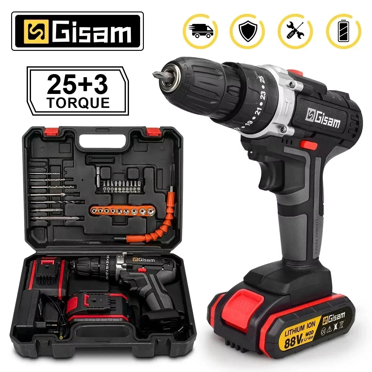 

25+3 Torque Electric Drill Cordless Electric Screwdriver Rechargeable Portable Lithium-Ion Power Tool Battery 2Speed DIY Driver