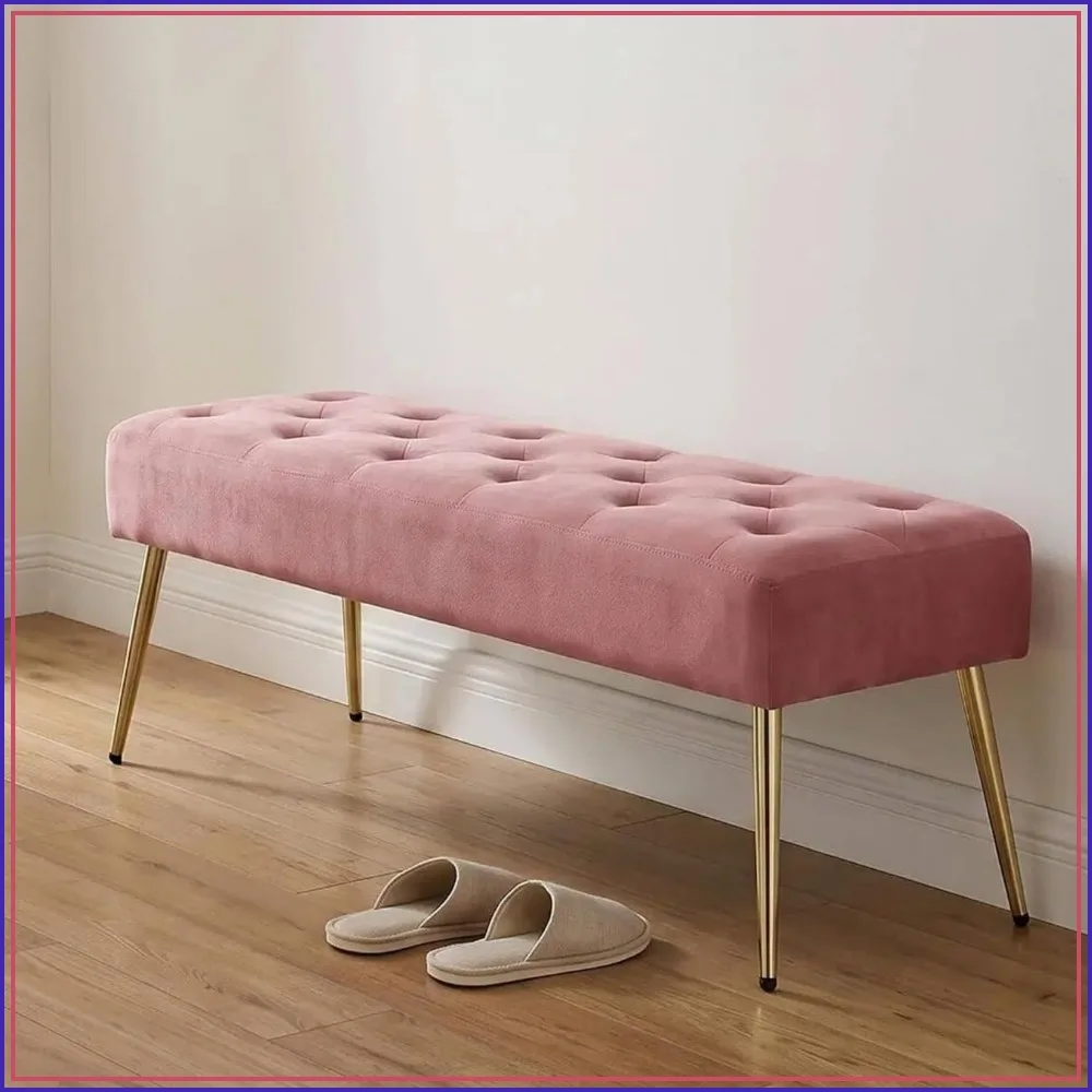Modern Velvet Ottoman Bench with Tufted Cushion, Pink Footrest Stool for Living Room Bedroom