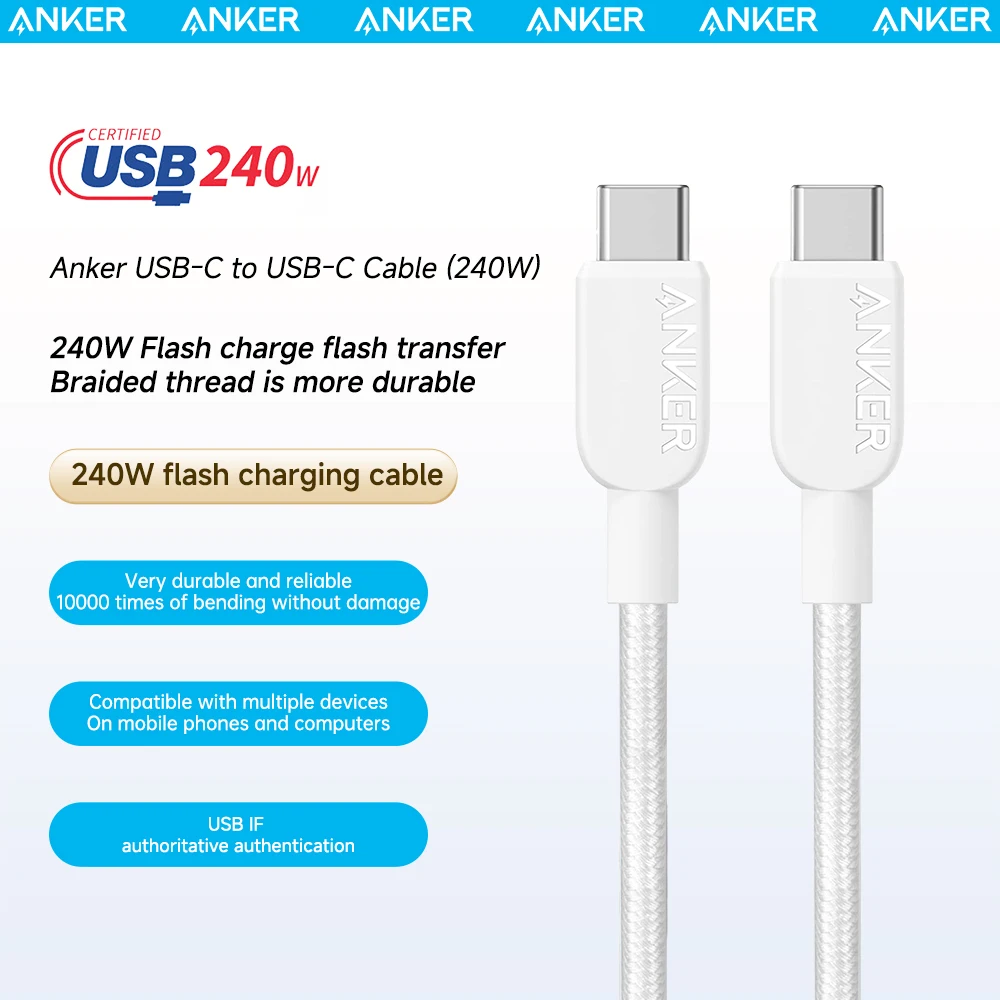 Anker USB-C to USB-C 240W Cable Nylon Braided Flash Charge Transmission USB C to USB C Cable For iPhone 15 Pro HUAWEI Samsung