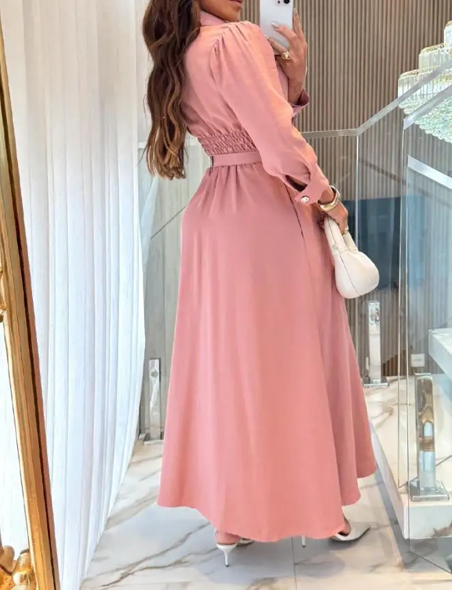 Womens Dresses Pearls Flower Decor Turn-Down Collar Button Down Shirred Back Shirt Dress Casual Flap Detail Work Dress with Belt