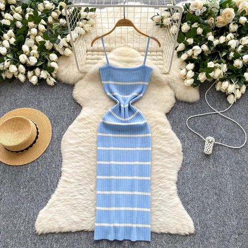Imagen 2 del producto 2025 nuevo verano Sexy mujer sin mangas vestido de punto con tirantes Spaghetti estampado a rayas elástico ceñido al cuerpo Maxi vestido largo