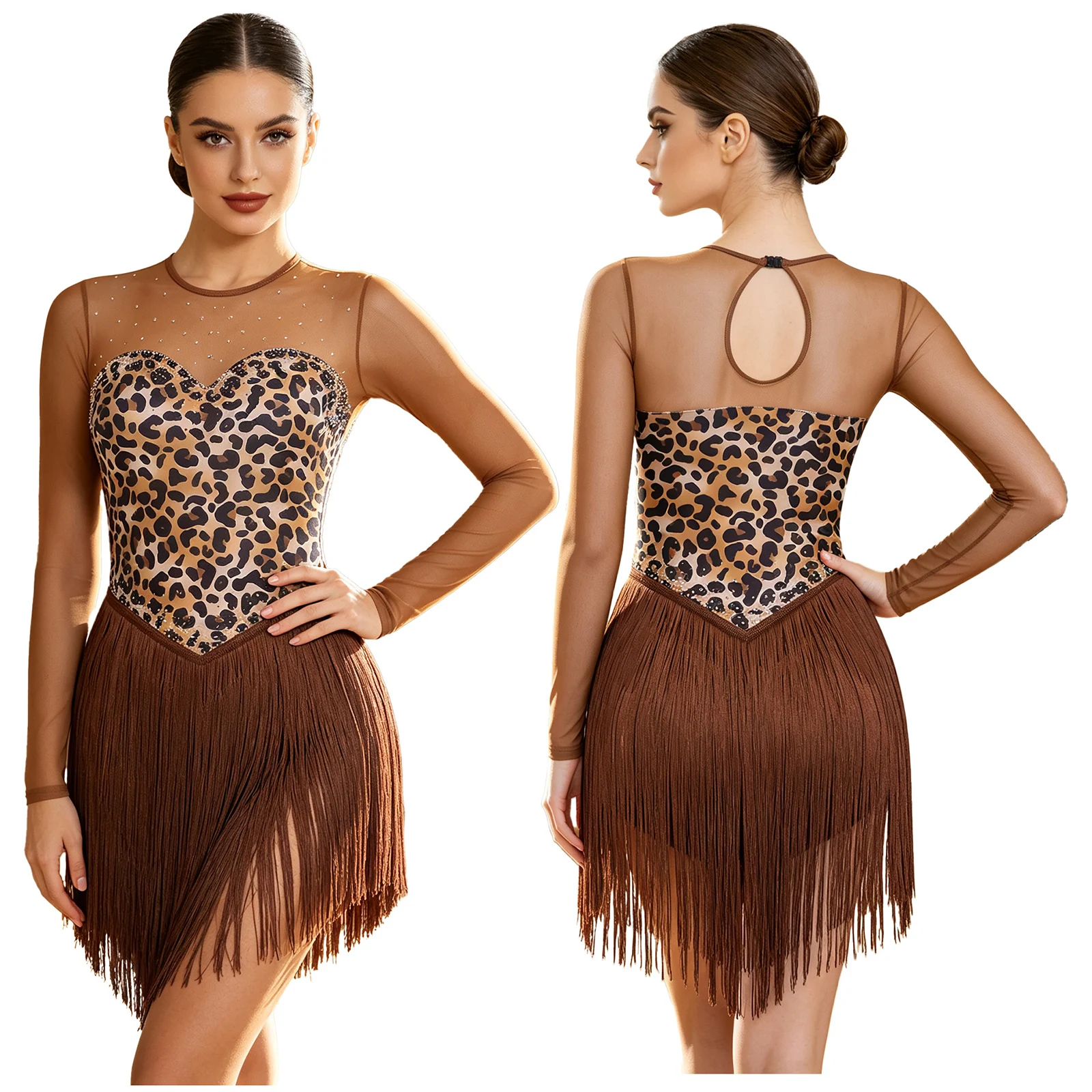 Women Leopard Print Mesh Long Sleeve Tassel Button Crotch Caveman Latin Dance Bodysuit Dress for Halloween Theme Party Carnival
