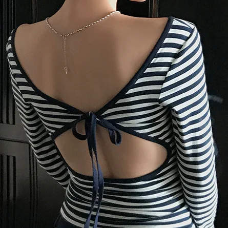 

2025 Autumn Stripe Long Sleeve T Shirts Hollow Out Casual Basic Tees Vintage Top Fashion Streetwear Slim Pullover Female