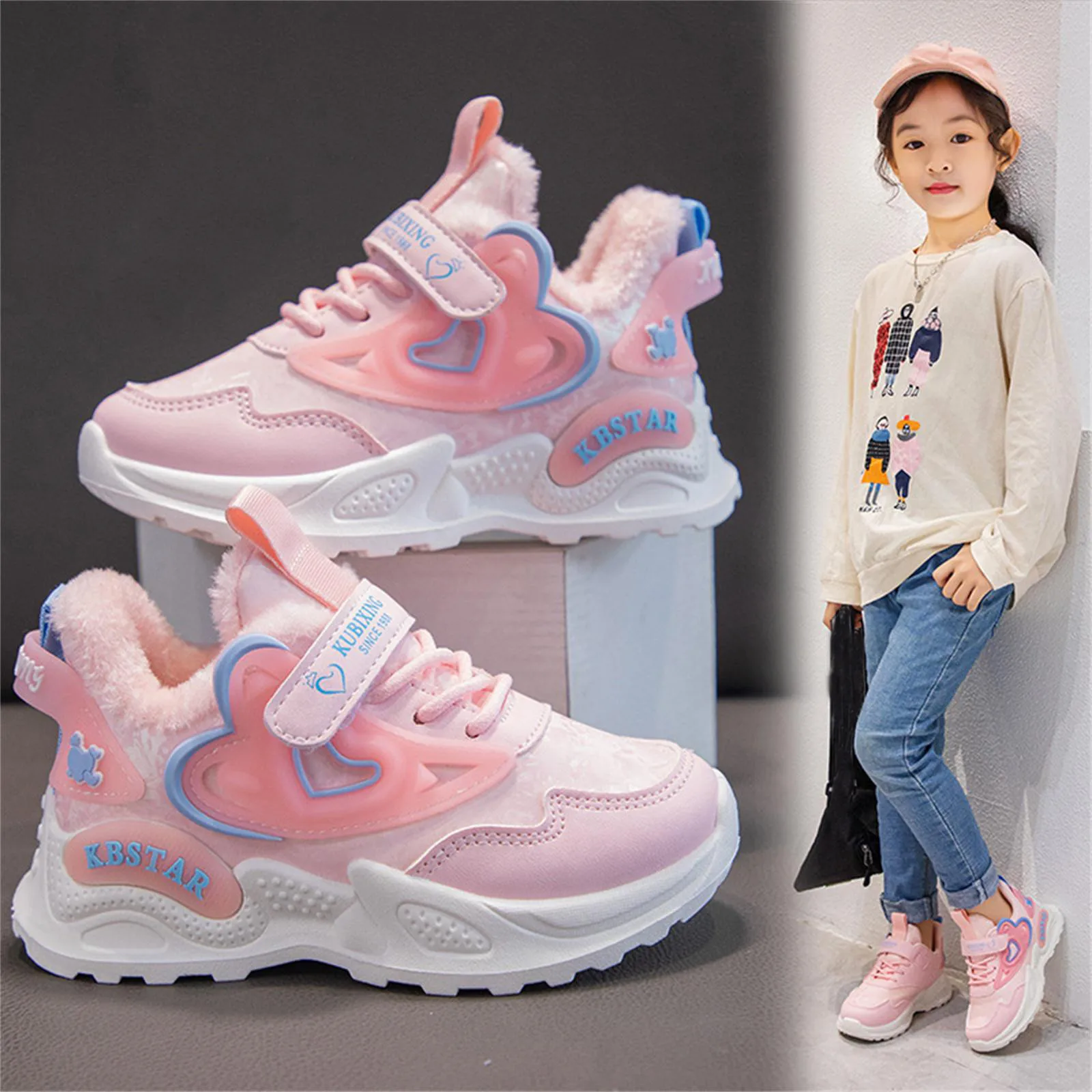 

Fashion Children'S Shoes Girls Leather Plus Velvet Sports Cotton Shoes Winter Warm Comfortable Matching Running Shoes