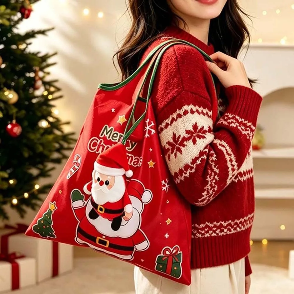 Bunte Weihnachts-Einkaufstasche, Mini-Reißfeste Cartoon-Handtasche mit Taschenfach, Platzsparende 2-in-1-Tasche mit Charm-Beutel – Detail 10