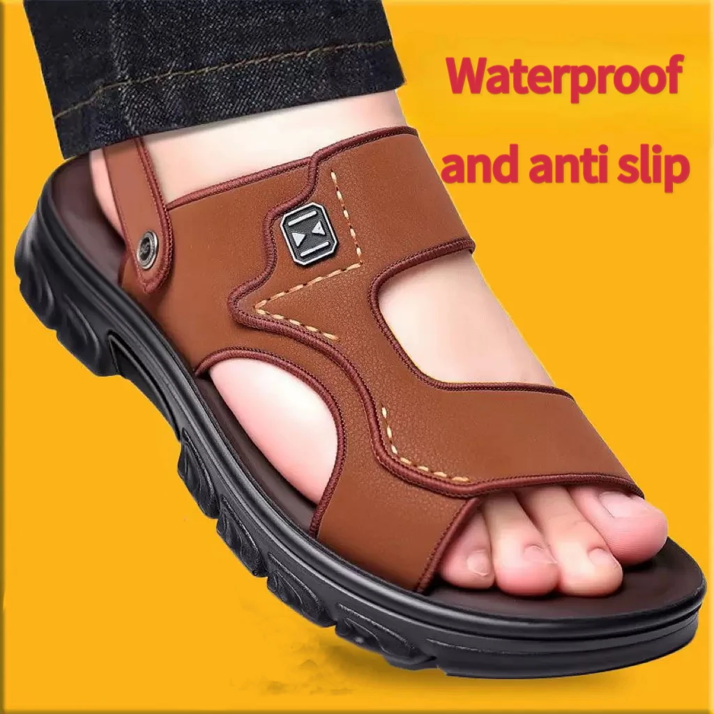 Sandalias de cuero con parte inferior gruesa para hombre, zapatos de playa para exteriores, antideslizantes, resistentes al desgaste, calzado informal, novedad de 2025