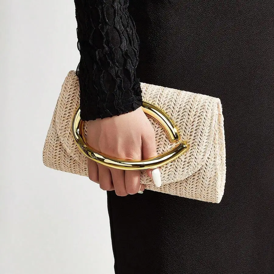 Beige Woven Clutch With Gold Hoop Handle For Evening Party Wedding Holiday Events Makeup Wallet Detachable Chain